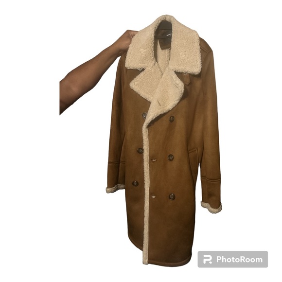 Men's Guess Double-Breasted Faux Shearling Long Coat - Picture 2 of 3